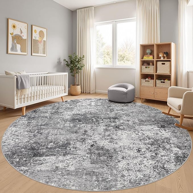10ft Round Area Rug Living Room Rugs - 10x10 Washable Circle Rug Large Soft Indoor Neutral Modern Abstract Low Pile Carpet for Bedroom Dining Room Farmhouse Home Office - Grey