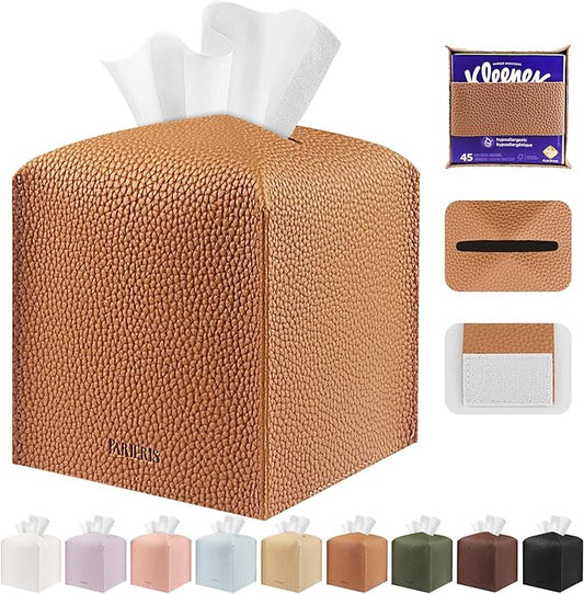 Tissue Box Cover Holder Square Tissue Cube Cover PU Leather Tissue Organizer with Bottom Belt for Bathroom, Tabletop, Car, Night Stands, Office, Home, Kitchen (1, Brown)