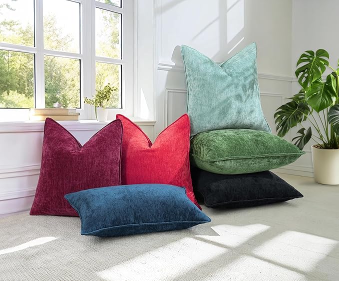decorUhome Spring Couch Throw Pillow Covers 16x16 Set of 2, Decorative Soft Velvet Modern Cozy Chenille Pillow Cases with Elegant Design for Sofa Bed Living Room Home Decor, Red