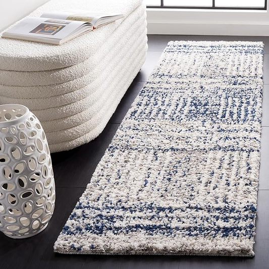 SAFAVIEH Jericho Shag Collection Runner Rug - 2' x 12', Navy & Ivory, Non-Shedding & Easy Care, 1.2-inch Thick, Ideal for The Living Room, Dining Room, Bedroom (JER100N-212)