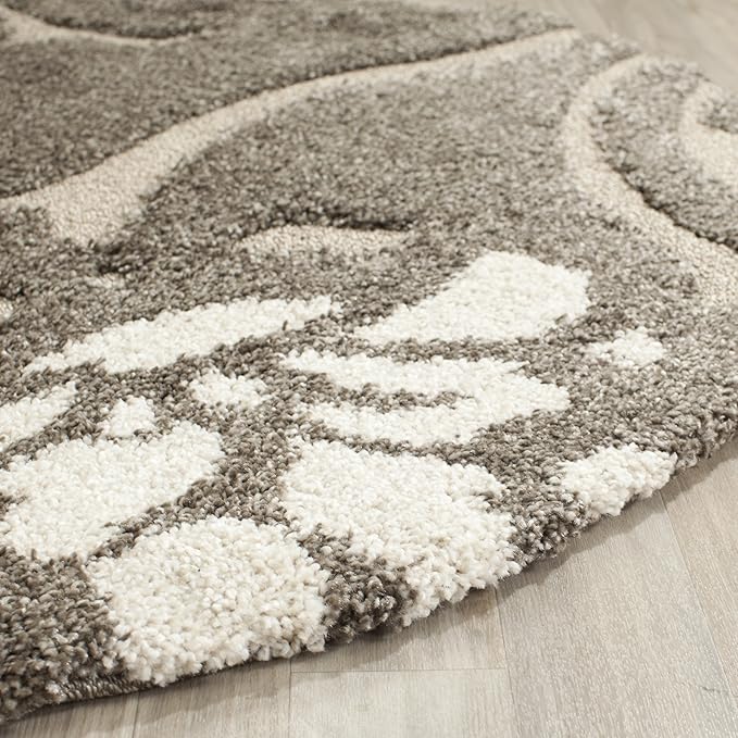 SAFAVIEH Florida Shag Collection Area Rug - 8' Round, Smoke & Beige, Floral Design, Non-Shedding & Easy Care, 1.2-inch Thick Ideal for High Traffic Areas in Living Room, Bedroom (SG464-7913)