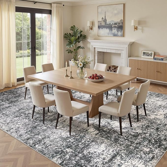 Area Rug Living Room Rugs - 10x14 Abstract Large Soft Indoor Washable Rug Neutral Modern Low Pile Carpet for Bedroom Dining Room Farmhouse Home Office - Grey