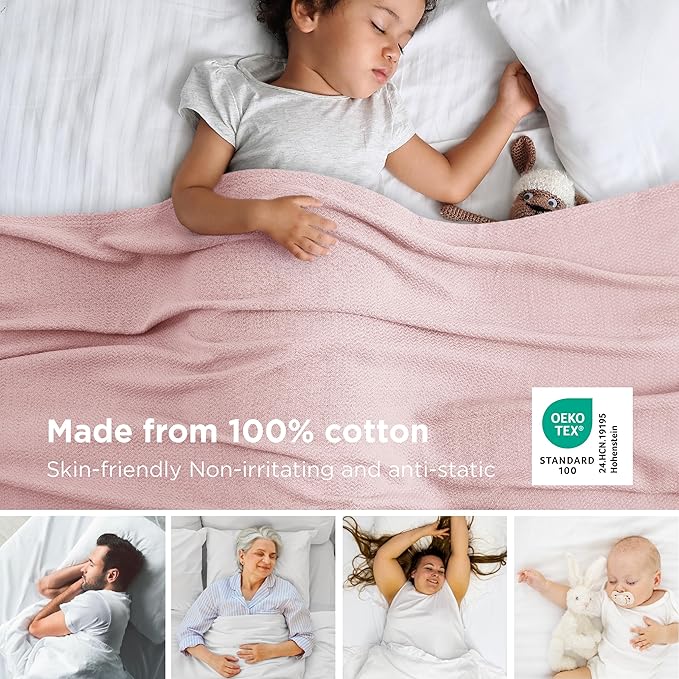 Bedsure GentleSoft 100% Cotton Blanket Twin XL Size for Bed - Breathable and Lightweight, Soft Cozy Textured Herringbone Woven Summer Spring Blanket for College Dorm, Pink, 66x90 inches