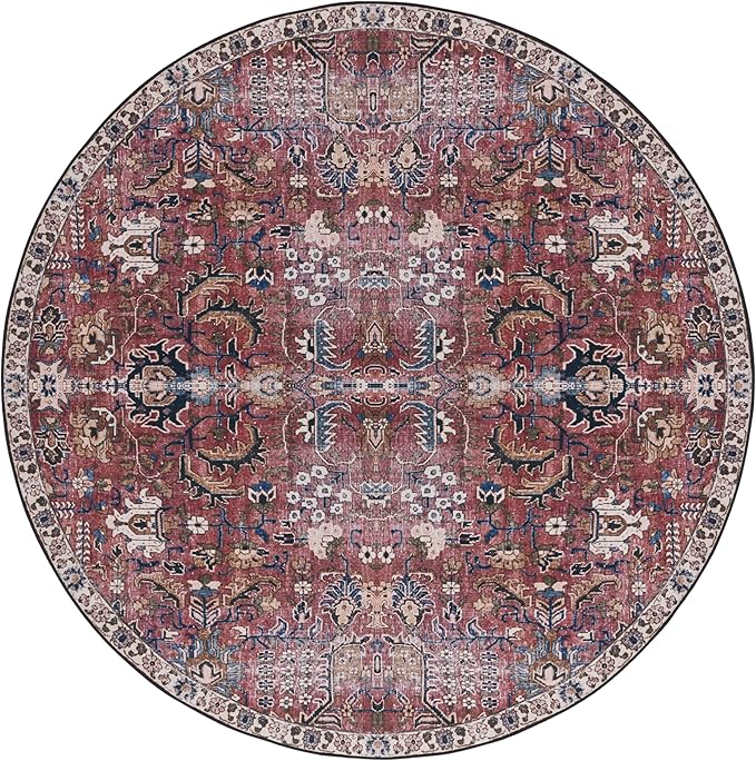 SAFAVIEH Washable Rug Tucson Collection - 6' Round, Red & Beige, Slip Resistant & Easy to Clean, Ideal for Living Room, Bedroom, Dining Space (TSN174Q)
