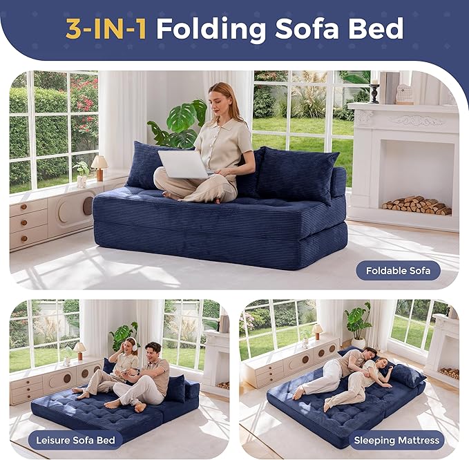 MAXYOYO Folding Sofa Couch, Convertible Floor Sleeper Couch with 3 Pillows, Tufted Floor Oversized Loveseat Couch Tufted Fold Out Chair Bed Comfy Sofa Lounge for Living Room Bedroom, Navy