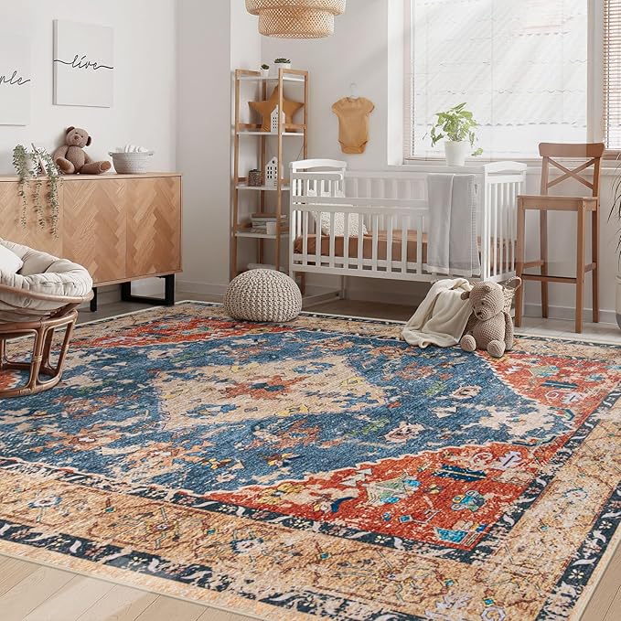 Area Rug 6x9 Washable Rug, Vintage Boho Medallion Rugs Non-Slip Soft Low Pile Large Distressed Rug Indoor Retro Carpet for Living Room Bedroom Dining Room Office (TribalMedallionMulti, 6'x9')