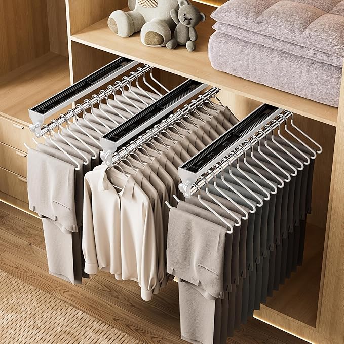 Pull Out Closet Valet Rod, Heavy Duty Adjustable Closet Rod, 13.7inch Telescopic Pant Rack, Space Aluminum Clothes Hanger Rail, Closet Storage Organizer for Trousers Clothes White