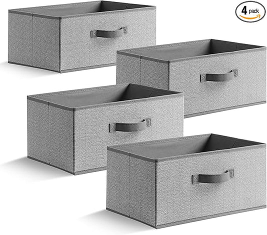 15.7 Inch Storage Baskets, Woven Fabric Bins, Storage Cubes with Reinforced Handles, Organizer Bins for Closet Shelves, Foldable, for Clothes (Gray, 4PCS/15.7*11*7.8inch)