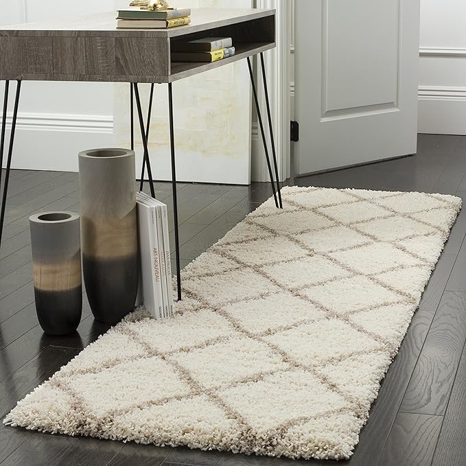 SAFAVIEH Hudson Shag Collection Runner Rug - 2'3" x 10', Ivory & Beige, Modern Trellis Design, Non-Shedding & Easy Care, 2-inch Thick Ideal for High Traffic Areas in Living Room, Bedroom (SGH281D)
