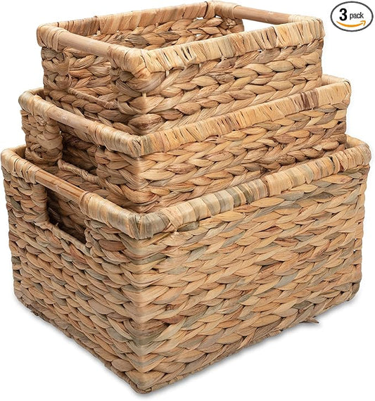 Water Hyacinth Storage Baskets with Wooden Handles, Rectangular Woven Organizer Bins for Closet, Pantry, Bathroom, or Shelves, Natural Decorative Storage Baskets for Home Organization – Set of 3