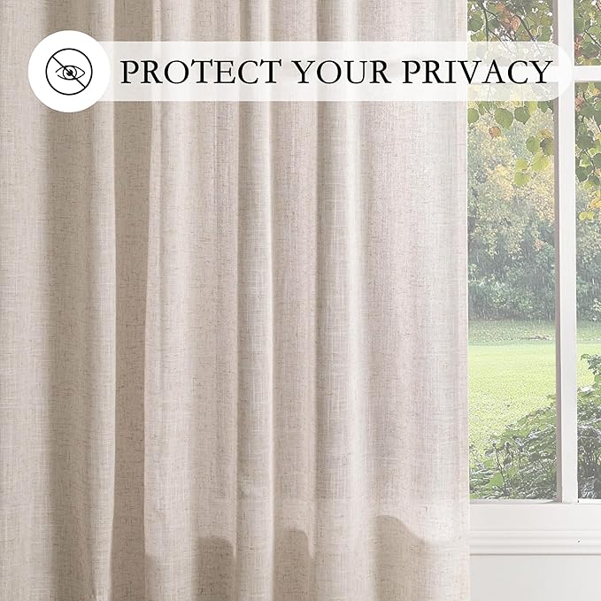 MYSKY HOME Linen Natural Farmhouse Kitchen Curtains 54 inches Long, Boho Curtain Panels Country Style Semi Sheer Window Panels for Home Decor, Light Filtering Privacy Drapes, 50" Wide, Pack-2