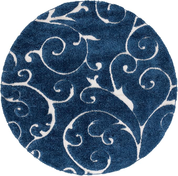 SAFAVIEH Florida Shag Collection Area Rug - 8' Round, Dark Blue & Cream, Scroll Design, Non-Shedding & Easy to Clean, High-Low Plush Pile, Ideal for Living Room, Bedroom, Dining Space (SG455-6511)