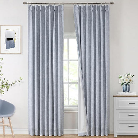 Vision Home Chambray Blue Pinch Pleated Full Blackout Curtains Room Darkening Window Curtains for Living Room Bedroom Thermal Insulated Pinch Pleat Blue Drapes with Hooks Back Tab 2 Panel 40" Wx108 L