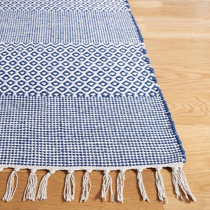 SAFAVIEH Montauk Collection Runner Rug - 2'3" x 22', Ivory & Navy, Handmade Flat Weave Boho Farmhouse Cotton Tassel Fringe, Ideal for High Traffic Areas in Living Room, Bedroom (MTK330B)