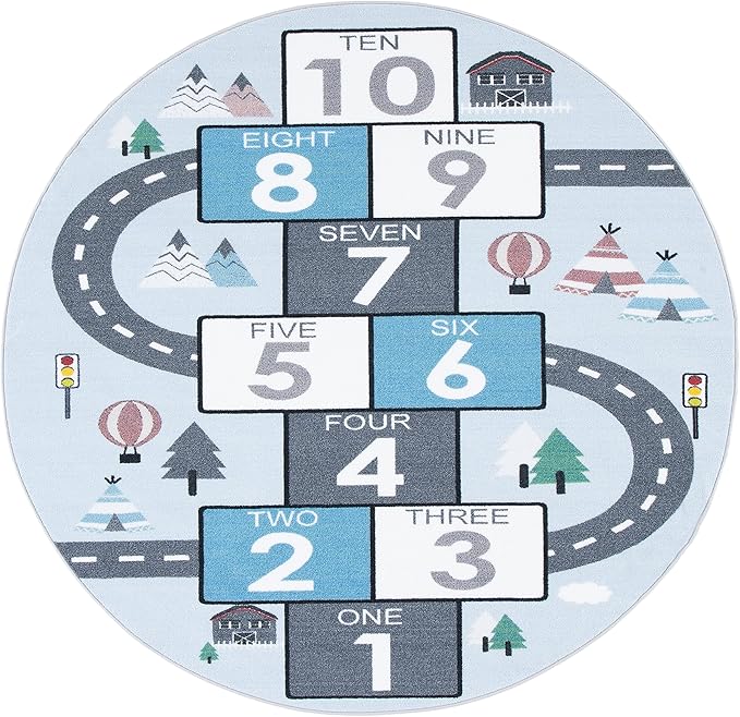 SAFAVIEH Washable Rug Kids Playhouse Collection - 5' Round, Grey & Blue, Slip Resistant & Easy to Clean, Ideal for Kids Room, Playroom, Nursery, Boys & Girls Room (KPH226F)