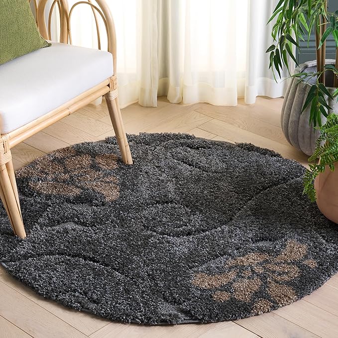 SAFAVIEH Florida Shag Collection Area Rug - 4' Round, Grey & Beige, Floral Design, Non-Shedding & Easy Care, 1.2-inch Thick Ideal for High Traffic Areas in Living Room, Bedroom (SG464-8013)