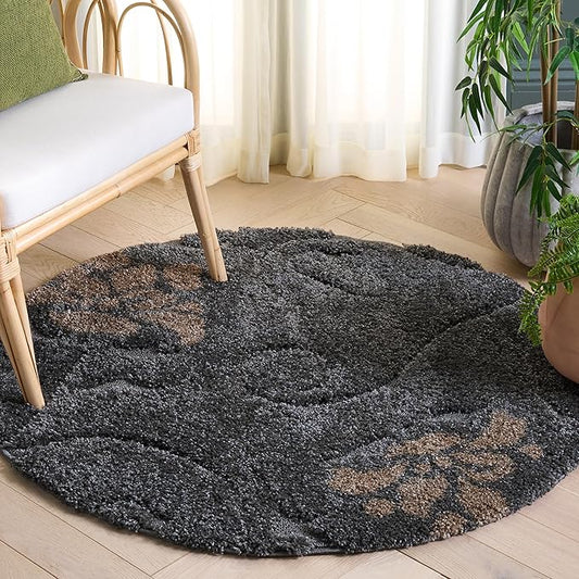 SAFAVIEH Florida Shag Collection Area Rug - 4' Round, Grey & Beige, Floral Design, Non-Shedding & Easy Care, 1.2-inch Thick Ideal for High Traffic Areas in Living Room, Bedroom (SG464-8013)