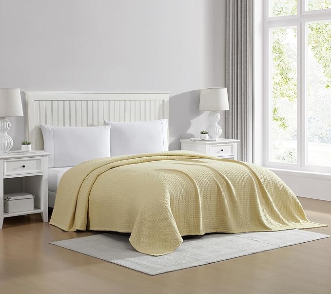 Beatrice Home Fashions Grand Hotel Lightweight All-Natural 100% Cotton Waffle Weave Blanket, King, Lemon