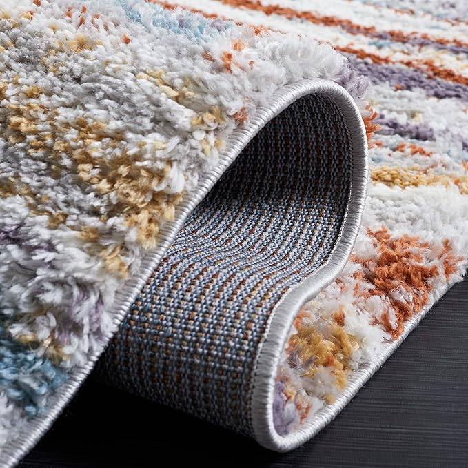 SAFAVIEH Berber Shag Collection Area Rug - 7' Square, Blue Rust & Ivory, Stripe Design, Non-Shedding & Easy Care, 1.25-inch Thick Ideal for High Traffic Areas in Living Room, Bedroom (BER565A)