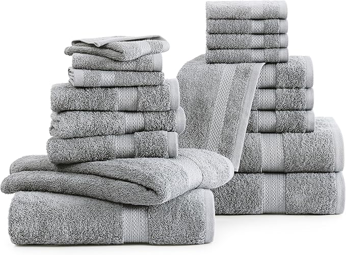 LANE LINEN 100% Cotton Towel Set for Bathroom - 18 Piece - Super Soft, Quick Dry & Highly Absorbent - 4 Bath, 8 Wash Cloth, 6 Hand Towels - Turkish Quality, Durable & Easy Care - Space Grey