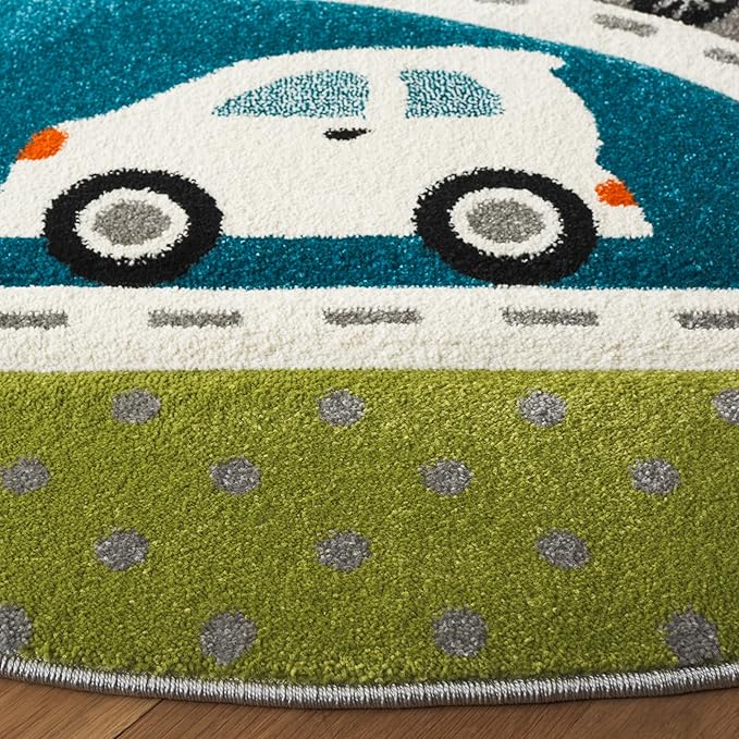 SAFAVIEH Carousel Kids Collection Area Rug - 6'7" Round, Green & Grey, Non-Shedding & Easy Care, Ideal for High Traffic Areas for Boys & Girls in Playroom, Nursery, Bedroom (CRK193Y)