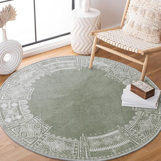 NICETOWN 4ft Round Christmas Rugs Green Boho Wahsable Rug, Thin Non-Slip Green Carpet for Dining Room, Non-Slip Faux Wool Soft Round for Living Room, Sage Green, 4ft