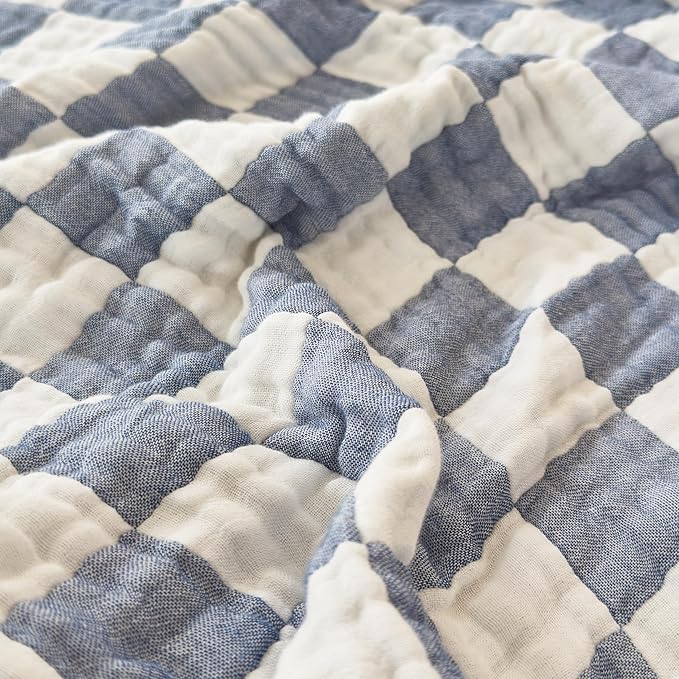 Ultra Soft Cozy 6-Layer Checkered Muslin Blankets for Adults 100% Cotton King Size 90"x104" Bed Blanket Breathable Lightweight Suitable for All Seasons Both Sides Blue