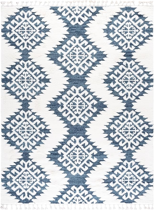 SAFAVIEH Area Rug 8x10 - Moroccan Tassel Shag Collection - Large - Blue & Ivory, Boho Design, Non-Shedding & Easy Cleaning, Plush Pile, Ideal for Living Room, Bedroom, Dining Space (MTS652M)