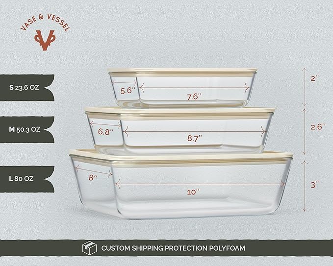 Glass Storage Container Set, Borosilicate Glass, Tempered Glass Lids, Baking Pan, Airtight with Vents, Microwave, Oven & Dishwasher Safe, (Rectangular - Set Of 3)