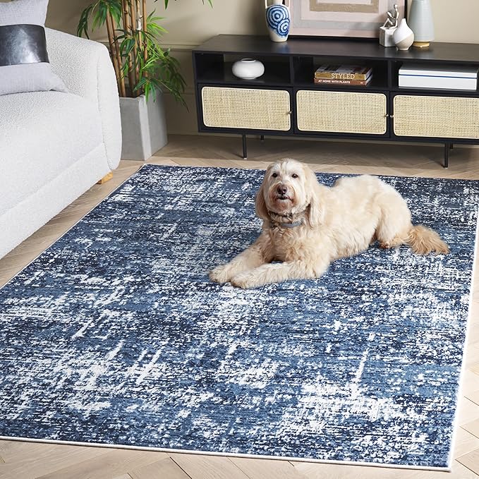 SAFAVIEH Amelia Collection Area Rug - 5'3" Square, Ivory & Dark Blue, Modern Abstract Design, Non-Shedding & Easy Cleaning, Ideal for Living Room, Bedroom, Dining Space (ALA700M)