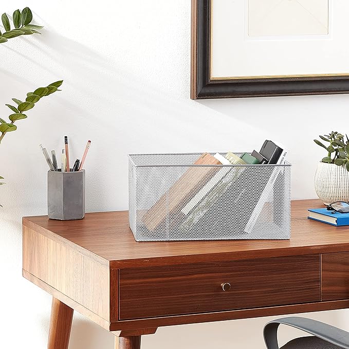YBM Home Mesh Wire Storage Basket for Shelves, Pantry Organization, and Kitchen - Multipurpose Steel Wire Basket Holder Bin for Organizing Office Supplies, Household Toiletries and Laundry Supplies