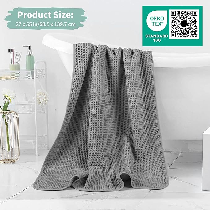 Microfiber Waffle Bath Towels, 4 Pieces, Soft, Absorbent, Fast Drying, Lint Free 430 GSM (Gray)