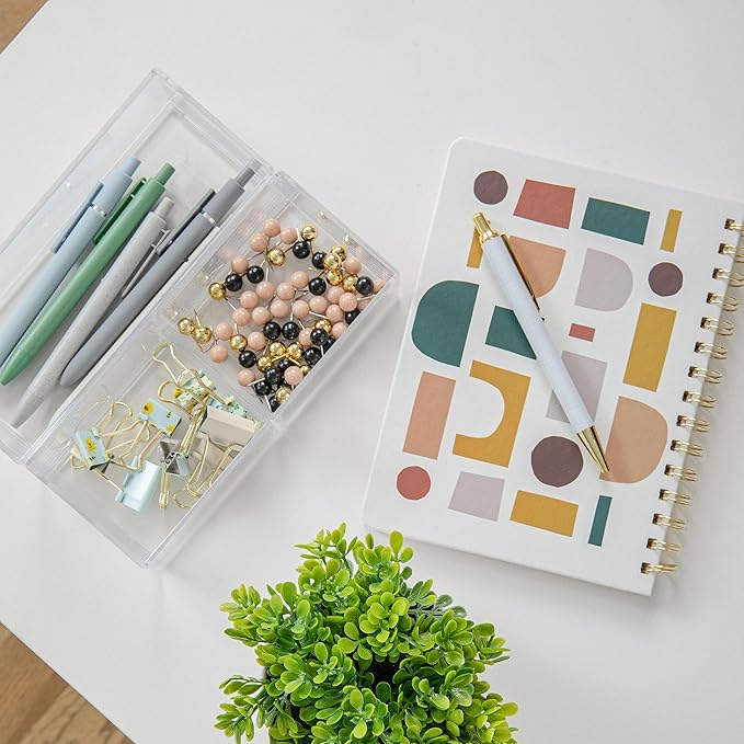 Martha Stewart Brody Desktop Storage Organizer, Stack and Slide Plastic Organizer Tray, Organizer for Office, Kitchen, or Vanity, 2-S, 1-M