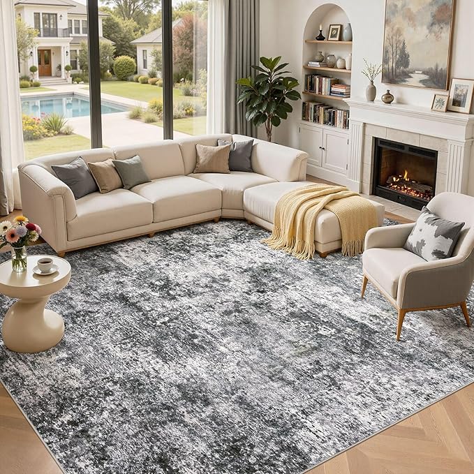 Area Rug Living Room Rugs - 10x14 Abstract Large Soft Indoor Washable Rug Neutral Modern Low Pile Carpet for Bedroom Dining Room Farmhouse Home Office - Grey