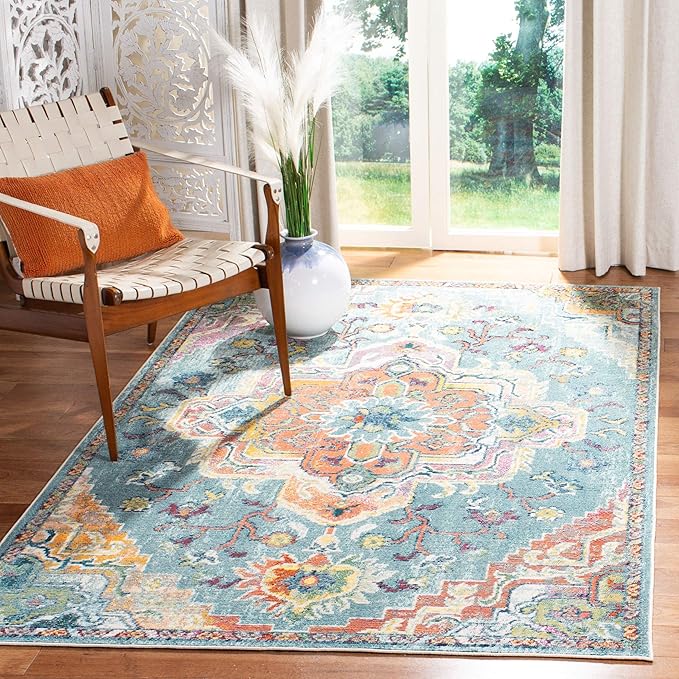 SAFAVIEH Crystal Collection Area Rug - 5' x 8', Teal & Orange, Medallion Distressed Design, Non-Shedding & Easy Care, Ideal for High Traffic Areas in Living Room, Bedroom (CRS501J)