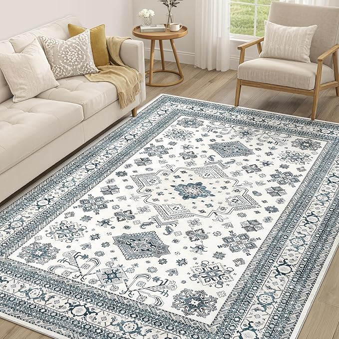 Vintage Living Room Area Rug 6x9 - Large Soft Washable Oriental Traditional Distressed Farmhouse Rugs for Bedroom - Indoor Floor Accent Carpet for Home Office House Decor - Powder Blue