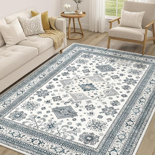 Vintage Living Room Area Rug 5x7 - Large Soft Washable Oriental Traditional Distressed Farmhouse Rugs for Bedroom - Indoor Floor Accent Carpet for Home Office House Decor - Powder Blue