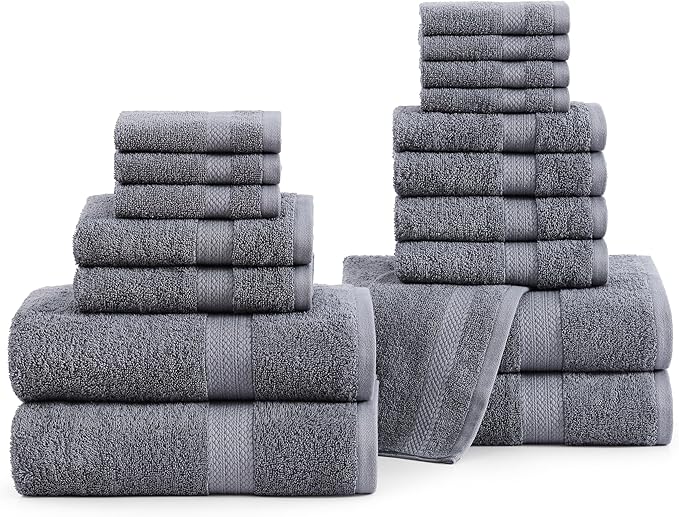 LANE LINEN 100% Cotton Towels for Bathroom - 18 Piece Family Pack - Super Soft & Quick Dry - 4 Bath, 8 Washcloth, 6 Hand Towels - Oeko TEX Certified, Machine Washable & Durable - Cool Grey