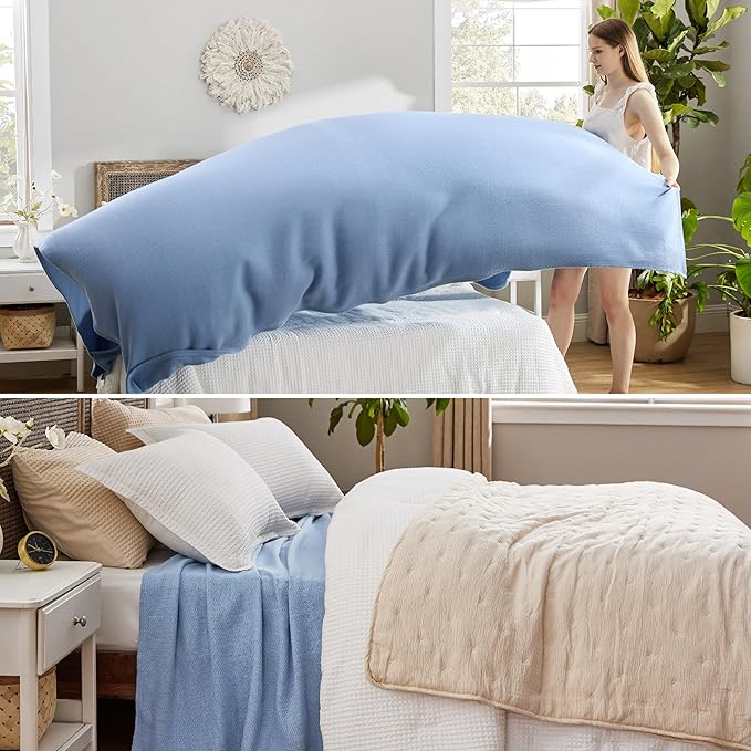 Bedsure GentleSoft 100% Cotton Blanket Queen Size for Bed - Breathable and Lightweight, Soft Cozy Textured Herringbone Woven Blanket for Summer, Ashley Blue, 90x90 inches