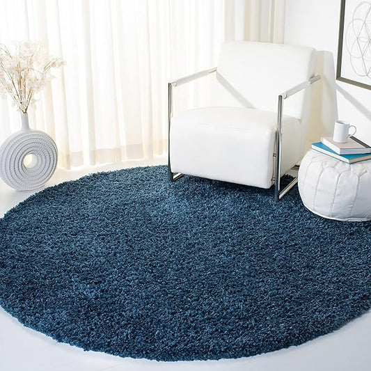 SAFAVIEH August Shag Collection 5' Round Navy AUG200M Solid Non-Shedding Living Room Bedroom Dining Room Entryway Plush 1.5-inch Thick Area Rug