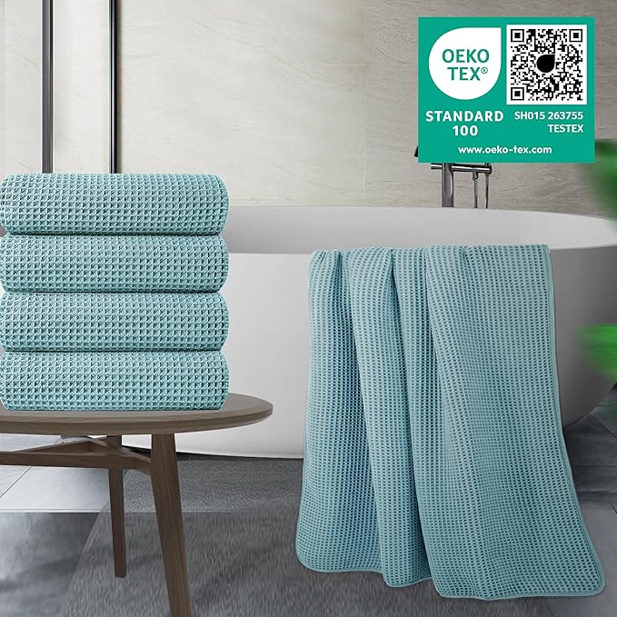430 GSM Microfiber Oversize Quick Dry Lint Free Bath Towel, 60 x 30 in, 4 Pack (Waffle Weave)