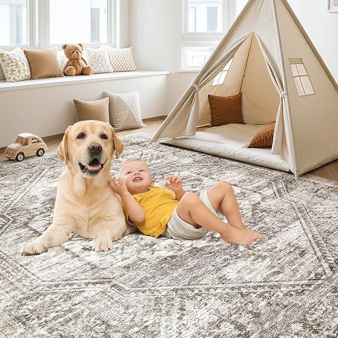 Vintage Living Room Area Rug 8x10 - Large Soft Washable Oriental Traditional Distressed Farmhouse Rugs for Bedroom - Indoor Floor Accent Carpet for Home Office House Decor - Distressed Brown