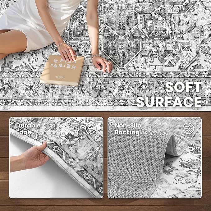 zesthome 9x12 Area Rugs,Stain Resistant Washable Rug,Ultra-Thin Rugs for Living Room,Bedroom,Non-Slip Backing Home Decor Large Area Rug (Grey/White,9'x12')