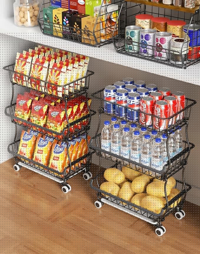 3-Tier Rolling Pantry Floor Organizer and Storage Cart with Wheels, Stackable Wire Pantry Baskets for Pantry Shelves, Kitchen Fruit Basket Stand and Storage Rack for Fruit Snack Onion Potato