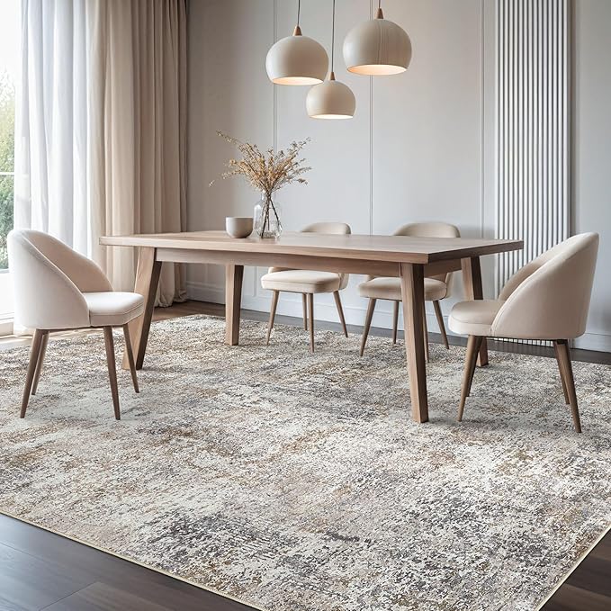 Area Rug Living Room Rugs - 8x10 Washable Large Soft Indoor Neutral Modern Abstract Low Pile Rug Carpet for Bedroom Dining Room Farmhouse Home Office - Brown/Grey/Black