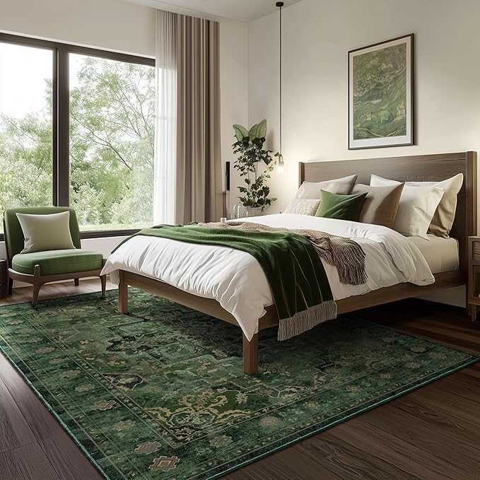 Green Large Area Rugs 10x12, Living Room Bedroom Carpet Extra Large Size Washable Non Slip, Vintage Distressed Medallio Low Pile Thin Rug for Big Dining Room