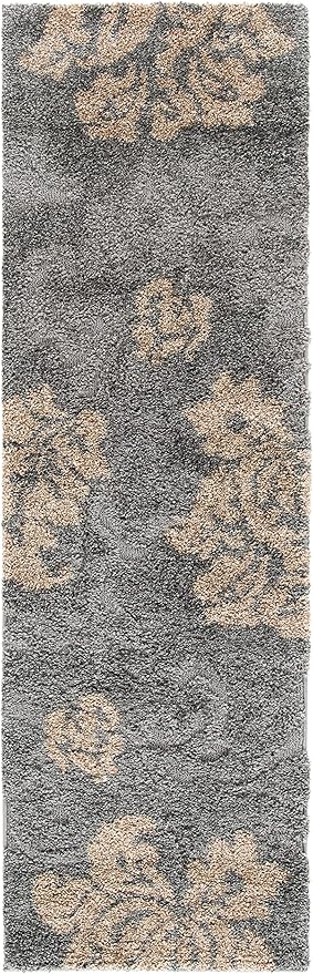 SAFAVIEH Florida Shag Collection Runner Rug - 2'3" x 7', Grey & Beige, Floral Design, Non-Shedding & Easy Care, 1.2-inch Thick Ideal for High Traffic Areas in Living Room, Bedroom (SG458-8013)