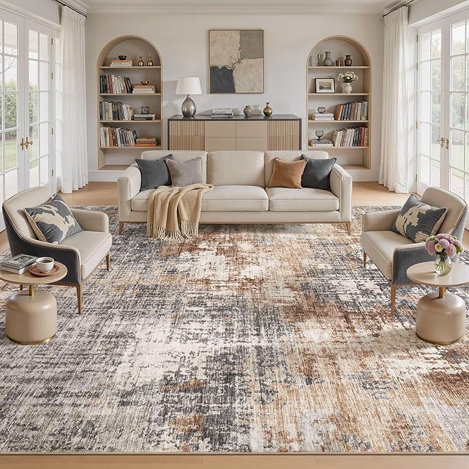 Area Rug Living Room Rugs - 10x14 Washable Large Soft Indoor Neutral Modern Abstract Low Pile Rug Carpet for Bedroom Dining Room Farmhouse Home Office - Grey Brown