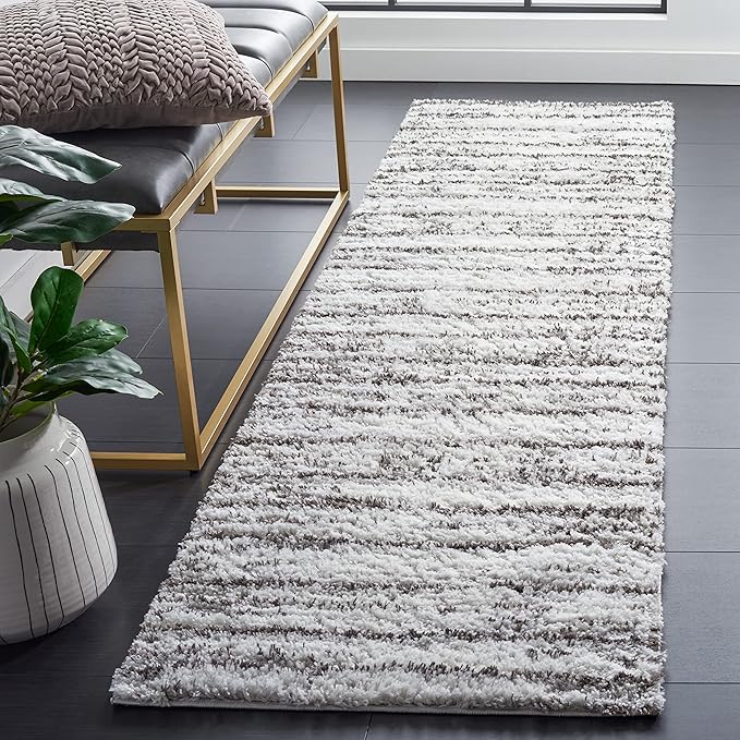 SAFAVIEH Berber Shag Collection Runner Rug - 2'3" x 8', Grey & Dark Grey, Stripe Design, Non-Shedding & Easy Care, 1.25-inch Thick Ideal for High Traffic Areas in Living Room, Bedroom (BER565F)