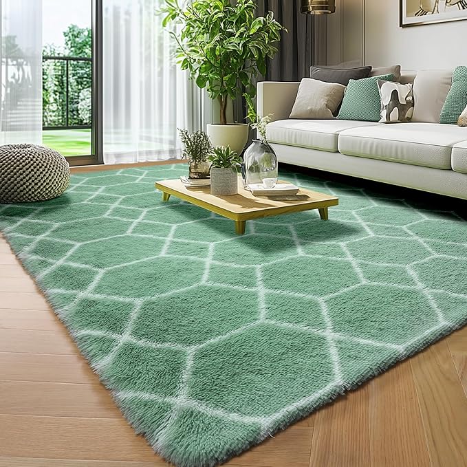 ONASAR Area Rugs for Bedroom Living Room, 4x6 Fluffy Sage Green and White Throw Rug, Shaggy Geometric Floor Mat for Home Decor Aesthetic, Soft Plush Fuzzy Carpet for Nursery Kids Teen Dorm